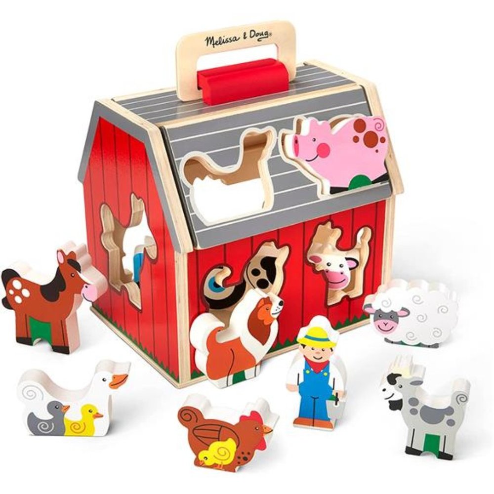 Wooden Take-Along Sorting Barn Toy with Flip-Up Roof and Handle,10 Wooden Pieces